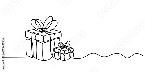 Continuous one line drawing of two gift boxes with ribbon bows for birthday Christmas celebration surprise, Stacked gift boxes with bows continuous line illustration on white. none editable strokes.