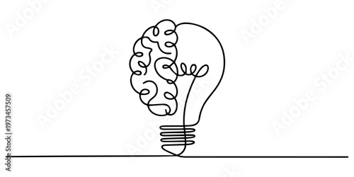 continuous one line drawing merges half a brain with half a light bulb. The minimalist artwork the creative process, light bulb with brain inside, Smart power and psychological company icon label pro.
