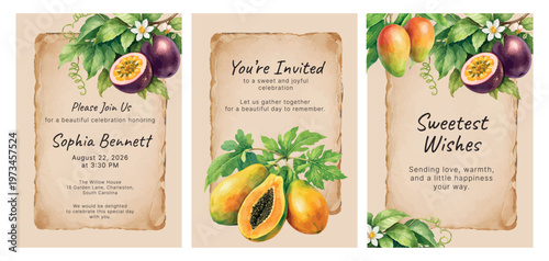 Collection of tropical fruit invitation templates with papaya, mango and passion fruit accents, vintage paper cards and lush botanical corners for elegant summer stationery. Vector illustration.