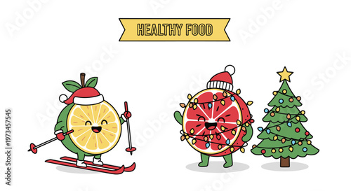 Festive citrus fruit characters enjoy Christmas activities with an orange skiing and a grapefruit decorated with holiday lights.
