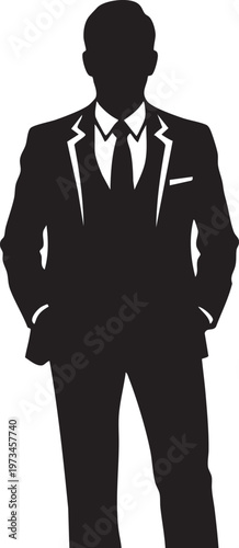 A professional silhouette of a formally dressed business individual standing confidently with hands clasped