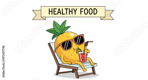 Cheerful pineapple mascot wearing sunglasses relaxes on a blue beach chair while drinking a red cocktail through a curly straw.