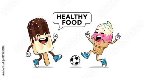 Cheerful frozen treats including a chocolate popsicle and ice cream cone play soccer with a positive healthy food message.