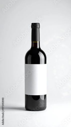 A single bottle of red liquid with a black top and blank white label. It sits against a neutral light background