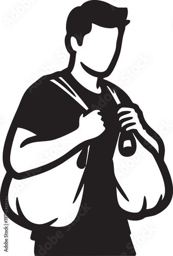 A person adjusting or fixing the strap of a backpack or bag over their shoulder