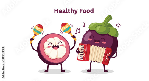Happy mangosteen characters play traditional musical instruments including maracas and an accordion for fun and enjoyment.