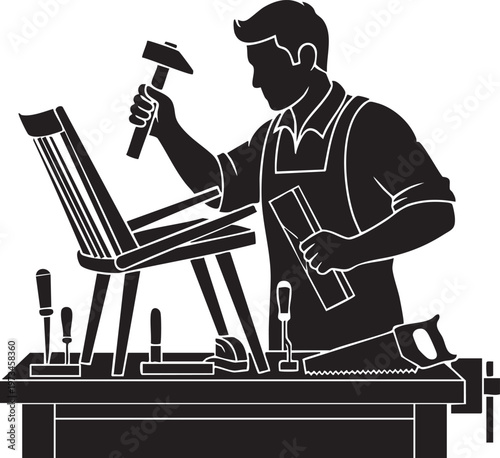 A skilled carpenter meticulously crafting a wooden chair using traditional tools and techniques in a workshop setting