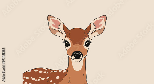 Gentle illustration of a young fawn deer with large expressive dark eyes and white spots on a simple neutral background.