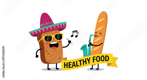 Potato wearing a sombrero plays maracas while a baguette plays the turquoise saxophone under a healthy food ribbon banner.