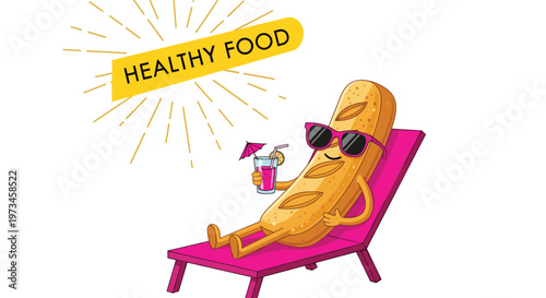 Relaxed baguette character wearing sunglasses enjoys a pink tropical drink while lounging on a bright pink beach chair.