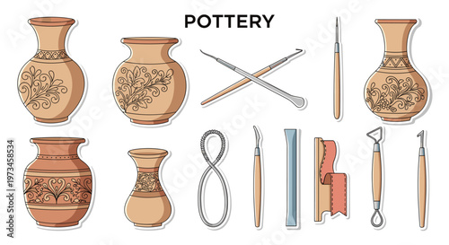 Wide selection of handmade pottery vases and specialized ceramic tools are displayed together in a clean stickers layout.
