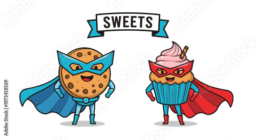 Brave cookie and cupcake characters dressed as superheroes with capes and masks pose together under a sweets ribbon banner.