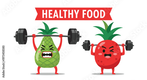 Determined pear and strawberry characters lift heavy black barbells to show strength under a bright healthy food banner.