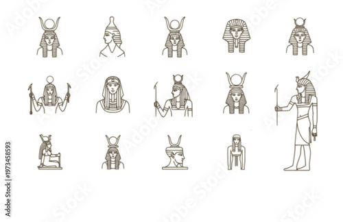 Ancient Egyptian God Goddess Icon Set, Modern Gold Outline Pharaonic Vector, Minimalist Mythology Heritage Silhouette