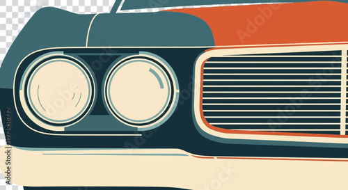 Vintage car front with headlights and grille detail.