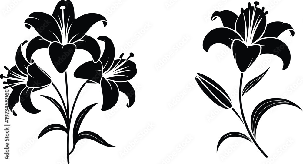Obraz premium Black lily flower silhouette vector illustration isolated on white background elegant floral design for logo tattoo stencil decoration artwork modern