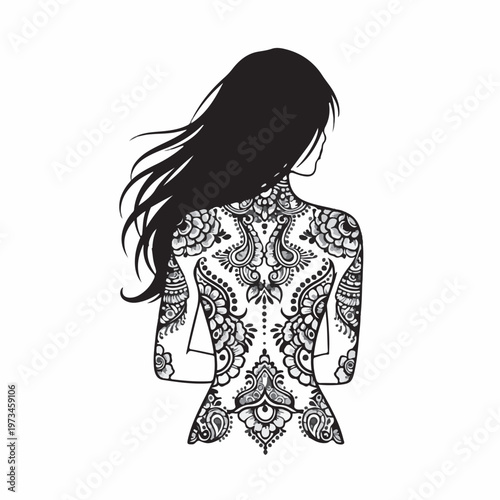 A striking black and white silhouette of a woman with her hair flowing to one side, revealing elaborate and elegant mehndi-inspired patterns adorning her entire back and shoulders.