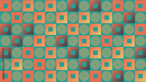 Geometric Harmony: A vibrant abstract pattern composed of repeating squares and circles in a rich palette of colors, creating a visually engaging and rhythmic design.