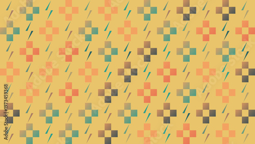 Geometric pattern Design: A visually appealing pattern with a array of colorful, square-shaped cross and diagonal line on a yellow background, evoking a sense of structure, creativity.