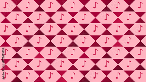 Harmonic Design: A symmetrical and visually engaging design, where musical notes dance across a vibrant pattern of overlapping geometric shapes in shades of red and pink.