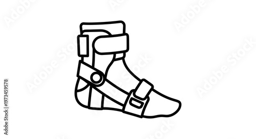 Ankle brace, medical boot, orthopedic support, foot injury, rehabilitation, walking aid, black and white line art icon