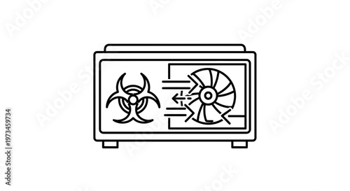 Biohazard symbol with fan and airflow, representing air purification and safety