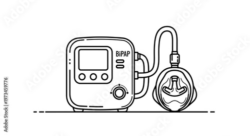 BiPAP Machine and Mask for Sleep Apnea Treatment - Line Art Illustration