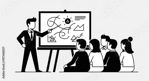 Male Business Presenter Pointing At Presentation Board.