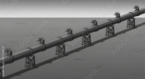 Long industrial steel pipeline with multiple valves and supports.