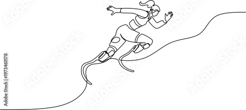 One line art drawing of a para-athlete runner with prosthetic legs sprinting on a track, minimalist continuous line illustration of a disabled person competing in a race, vector silhouette of athlete 