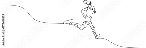 Continuous line drawing of a woman running on a slope, minimalist female athlete jogging downhill vector illustration.