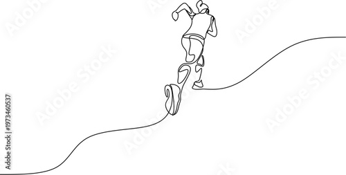 Continuous line drawing of a man running uphill, minimalist male athlete jogging on slope vector illustration.