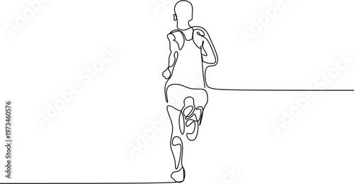 Continuous line drawing of a man running from behind, minimalist male athlete jogging vector illustration.
