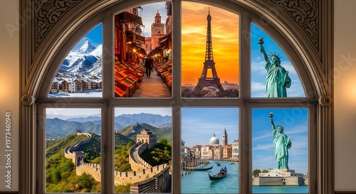A collage of famous landmarks viewed through a large window