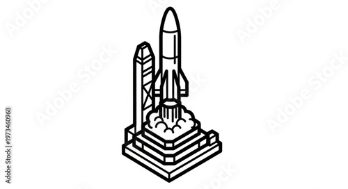 Line Art Space Rocket on Launch Platform Pedestal.