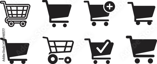 Collection of black shopping cart icons representing e commerce retail and online purchasing options
