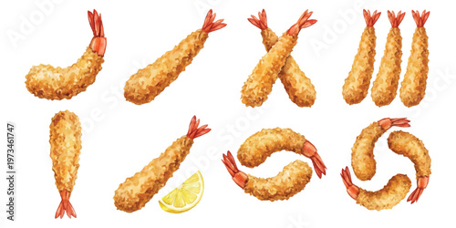 Watercolor crispy fried shrimp tempura and fresh citrus lemon wedge, isolated on transparent background