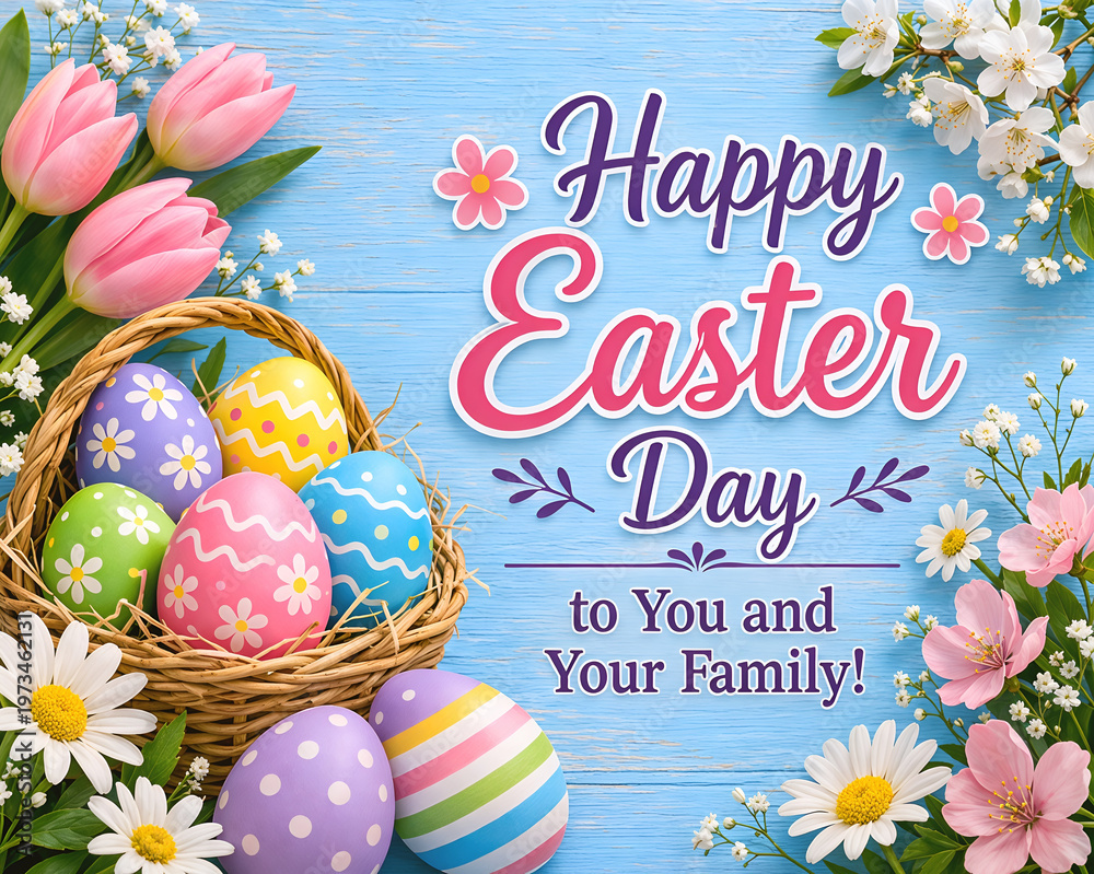 Fototapeta premium easter greeting card with eggs and flowers