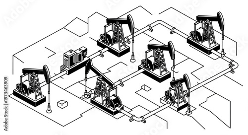 Multiple oil pumpjacks connected by piping network.