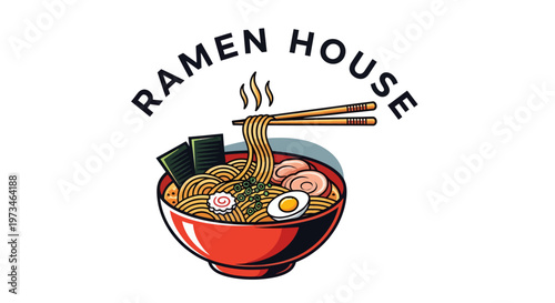 Ramen shop logo features steaming bowl with chopsticks.