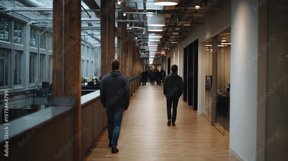 Obraz premium A diverse group of people walking down a long modern industrial corridor bathed in natural light