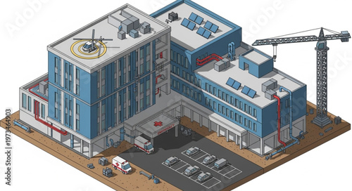 Modern hospital complex building under construction site.