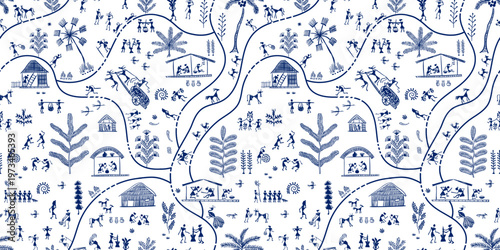 Seamless Warli tribal border pattern traditional Indian folk art. Ethnic village scene with people, animals and trees. Decorative vector ornament for textile, packaging, wallpaper and fabric design