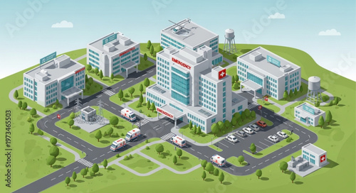 Modern hospital complex with central medical tower.