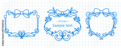 Set of elegant blue ornamental frames with ribbon bows, vintage flourishes and decorative borders, refined romantic label collection for invitations, cards and feminine stationery. Vector illustration