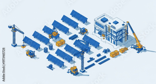 Modular Construction Site With Cranes And Containers Assembly.