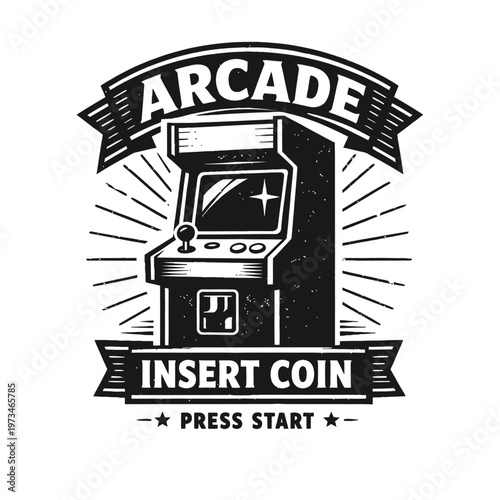 Retro Arcade Machine Graphic: 'Insert Coin, Press Start.' Vintage distressed B&W design. Captures classic video game culture, 80s & 90s nostalgia, old-school entertainment. For all gamers and fans.