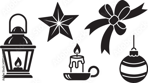 Christmas icons, black and white, holiday symbols, vector graphics