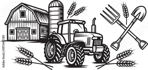 Farm tractor, barn, and tools vector illustration, agricultural icons, black and white, rural landscape