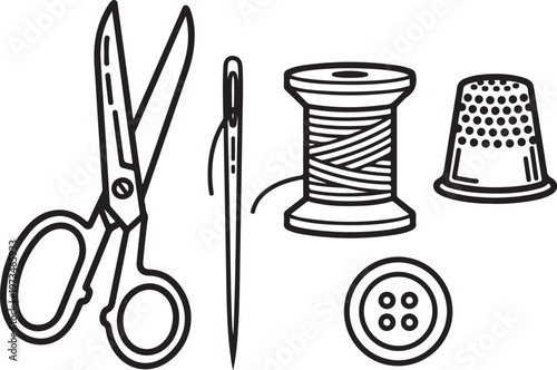 Sewing tools, icons, line art, black and white, scissors, thread, button, thimble, needle
